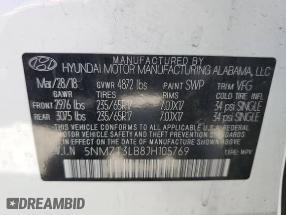 ✅ 2018 Hyundai Santa Fe 2.4L • VIN: 5NMZT3LB8JH105769 • Lot: 49332063. Wystawiony na Copart z przebiegiem 54 776 mil mil. Skorzystaj z bezpłatnego archiwum sprzedaży aukcyjnych z USA i zobacz szczegółowy raport historii pojazdu na DreamBid. Zdjęcie 12.