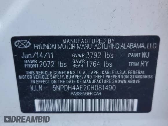 ✅ 2012 Hyundai Elantra Limited • VIN: 5NPDH4AE2CH081490 • Lot: 91243115. Listed on Copart with 80,966 mi. Free auction sales archive from the USA and detailed vehicle history report at DreamBid. Image 12.