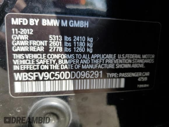 ✅ 2013 BMW M5 • VIN: WBSFV9C50DD096291 • Lot: 69560444. Listed on Copart with 85,723 mi. Free auction sales archive from the USA and detailed vehicle history report at DreamBid. Image 12.