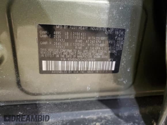 ✅ 2017 Subaru Outback Premium • VIN: 4S4BSADC5H3246884 • Лот: 46873525. Опубликован ранее на Copart с пробегом 46 005 миль. Бесплатный доступ к архиву аукционных продаж из США и подробный отчёт об истории автомобиля на DreamBid. Изображение 15.