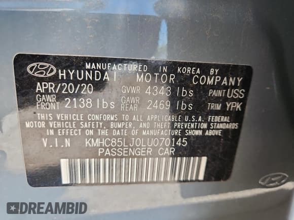 ✅ 2020 Hyundai Ioniq Limited • VIN: KMHC85LJ0LU070145 • Lot: 63575985. Listed on Copart with 27,290 mi. Free auction sales archive from the USA and detailed vehicle history report at DreamBid. Image 12.