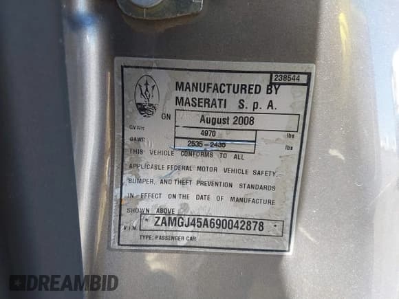 ✅ 2009 Maserati GranTurismo • VIN: ZAMGJ45A690042878 • Lot: 41411767. Listed on IAAI with Not provided. Free auction sales archive from the USA and detailed vehicle history report at DreamBid. Image 9.