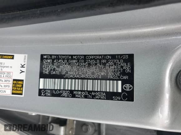 2024 Toyota Prius LE с VIN JTDACAAU4R3020914, выставлен на аукционе Copart как лот 86600665 с пробегом 29 243 миль миль и Списание • Salvage title. История ставок и продаж доступна на DreamBid. Изображение 12.