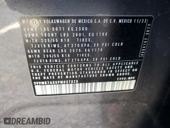 ✅ 2023 Volkswagen Tiguan SE • VIN: 3VVMB7AX5PM037828 • Lot: 82178305. Wystawiony na Copart z przebiegiem 38 953 mil. Bezpłatny archiwum sprzedaży aukcyjnych z USA i szczegółowy raport historii pojazdu na DreamBid. Zdjęcie 14.