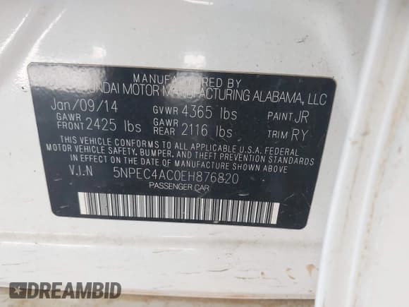 ✅ 2014 Hyundai Sonata Limited • VIN: 5NPEC4AC0EH876820 • Lot: 43358438. Listed on IAAI with 149,817 mi. Free auction sales archive from the USA and detailed vehicle history report at DreamBid. Image 9.