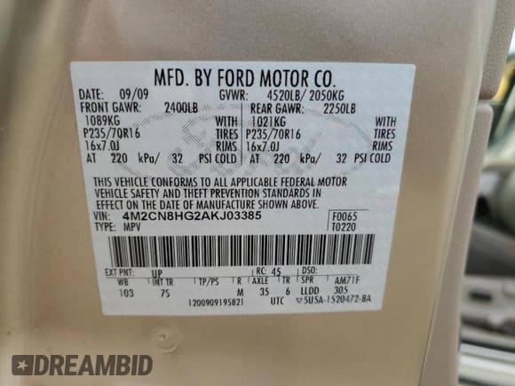 ✅ 2010 Mercury Mariner Premier • VIN: 4M2CN8HG2AKJ03385 • Lot: 66471005. Listed on Copart with 141,423 mi. Free auction sales archive from the USA and detailed vehicle history report at DreamBid. Image 14.