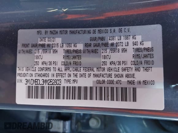 ✅ 2021 Mazda CX-30 Premium • VIN: 3MVDMBDL3MM252803 • Lot: 43520132. Wystawiony na IAAI z przebiegiem 44 307 mil. Bezpłatny archiwum sprzedaży aukcyjnych z USA i szczegółowy raport historii pojazdu na DreamBid. Zdjęcie 9.