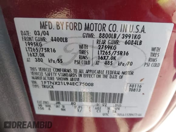 ✅ 2004 Ford F-250 XL • VIN: 1FTNX21L94EC75008 • Lot: 43540557. Listed on IAAI with 235,345 mi. Free auction sales archive from the USA and detailed vehicle history report at DreamBid. Image 9.