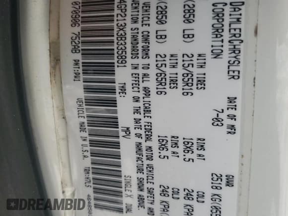 ✅ 2003 Dodge Caravan Cargo • VIN: 1D4GP213X3B335891 • Lot: 89082965. Listed on Copart with 142,649 mi. Free auction sales archive from the USA and detailed vehicle history report at DreamBid. Image 13.