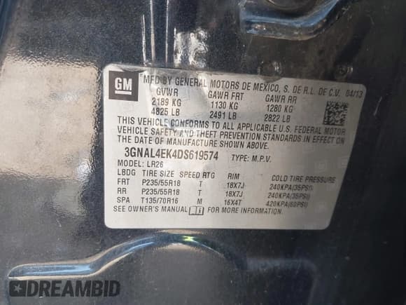 ✅ 2013 Chevrolet Captiva Sport LTZ • VIN: 3GNAL4EK4DS619574 • Лот: 43196312. Опубликован ранее на IAAI с пробегом 131 867 миль. Бесплатный доступ к архиву аукционных продаж из США и подробный отчёт об истории автомобиля на DreamBid. Изображение 9.