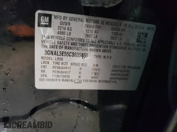 2012 Chevrolet Captiva Sport LT with VIN 3GNAL3E55CS635463, listed as a Copart auction lot 79453914 with 180,289 mi miles and Salvage title. Bid and sale history available at DreamBid. Image 12.