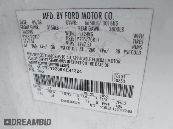 ✅ 2008 Ford F-150 XL • VIN: 1FTRF12288KE41224 • Lot: 43537611. Listed on IAAI with 169,848 mi. Free auction sales archive from the USA and detailed vehicle history report at DreamBid. Image 9.