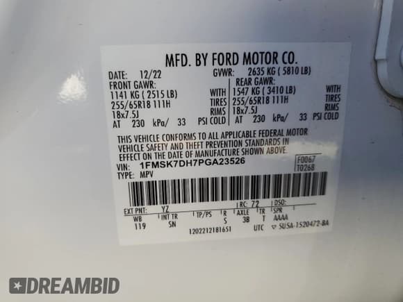 ✅ 2023 Ford Explorer XLT • VIN: 1FMSK7DH7PGA23526 • Lot: 91628945. Wystawiony na Copart z przebiegiem 59 497 mil. Bezpłatny archiwum sprzedaży aukcyjnych z USA i szczegółowy raport historii pojazdu na DreamBid. Zdjęcie 14.