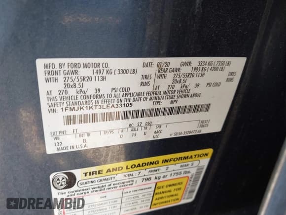✅ 2020 Ford Expedition Max Limited • VIN: 1FMJK1KT3LEA33105 • Lot: 43450070. Wystawiony na IAAI z przebiegiem 117 222 mil. Bezpłatny archiwum sprzedaży aukcyjnych z USA i szczegółowy raport historii pojazdu na DreamBid. Zdjęcie 9.