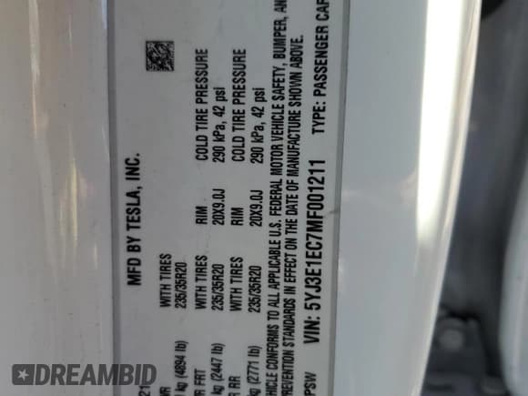 ✅ 2021 Tesla Model 3 Performance • VIN: 5YJ3E1EC7MF001211 • Lot: 84995295. Listed on Copart with 104,922 mi. Free auction sales archive from the USA and detailed vehicle history report at DreamBid. Image 12.