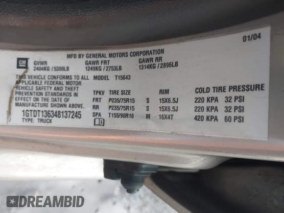 ✅ 2004 GMC Canyon 1SB SLE Z85 • VIN: 1GTDT136348137245 • Lot: 43536737. Listed on IAAI with 215,330 mi. Free auction sales archive from the USA and detailed vehicle history report at DreamBid. Image 9.