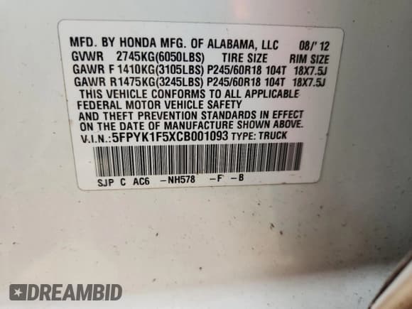 ✅ 2012 Honda Ridgeline RTL • VIN: 5FPYK1F5XCB001093 • Лот: 65097325. Опубликован ранее на Copart с пробегом 101 504 миль. Бесплатный доступ к архиву аукционных продаж из США и подробный отчёт об истории автомобиля на DreamBid. Изображение 13.