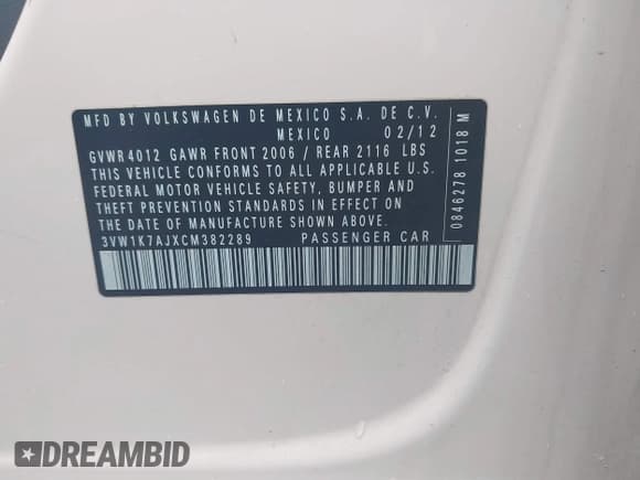 ✅ 2012 Volkswagen Jetta S • VIN: 3VW1K7AJXCM382289 • Lot: 41631292. Listed on IAAI with 92,764 mi. Free auction sales archive from the USA and detailed vehicle history report at DreamBid. Image 9.