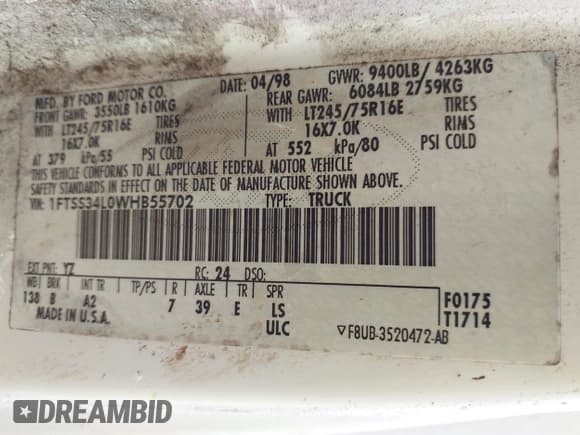 ✅ 1998 Ford Econoline Cargo Recreational • VIN: 1FTSS34L0WHB55702 • Lot: 41876217. Listed on IAAI with 378,571 mi. Free auction sales archive from the USA and detailed vehicle history report at DreamBid. Image 9.