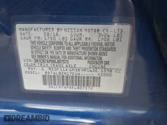 ✅ 2019 Nissan Versa SV • VIN: 3N1CN7AP8KL807572 • Lot: 43453358. Listed on IAAI with 115,909 mi. Free auction sales archive from the USA and detailed vehicle history report at DreamBid. Image 9.