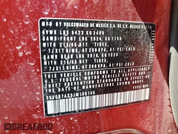 ✅ 2018 Volkswagen Tiguan S • VIN: 3VV0B7AX9JM108146 • Lot: 68926075. Wystawiony na Copart z przebiegiem 103 787 mil. Bezpłatny archiwum sprzedaży aukcyjnych z USA i szczegółowy raport historii pojazdu na DreamBid. Zdjęcie 13.