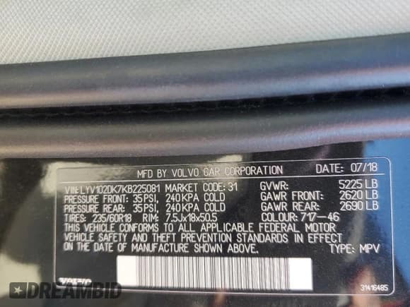 ✅ 2019 Volvo XC60 Momentum • VIN: LYV102DK7KB225081 • Lot: 87036005. Listed on Copart with 36,318 mi. Free auction sales archive from the USA and detailed vehicle history report at DreamBid. Image 13.