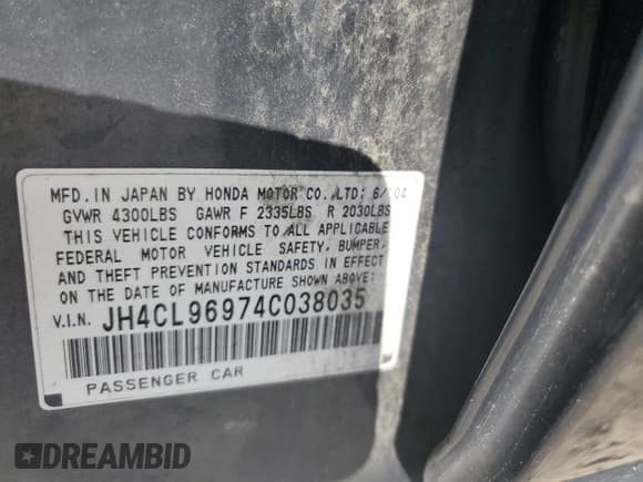 ✅ 2004 Acura TSX w/Navigation • VIN: JH4CL96974C038035 • Lot: 69853945. Listed on Copart with 199,203 mi. Free auction sales archive from the USA and detailed vehicle history report at DreamBid. Image 13.