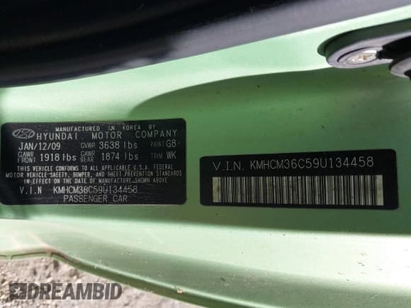 ✅ 2009 Hyundai Accent Auto GS • VIN: KMHCM36C59U134458 • Lot: 43657516. Listed on IAAI with 90,474 mi. Free auction sales archive from the USA and detailed vehicle history report at DreamBid. Image 9.