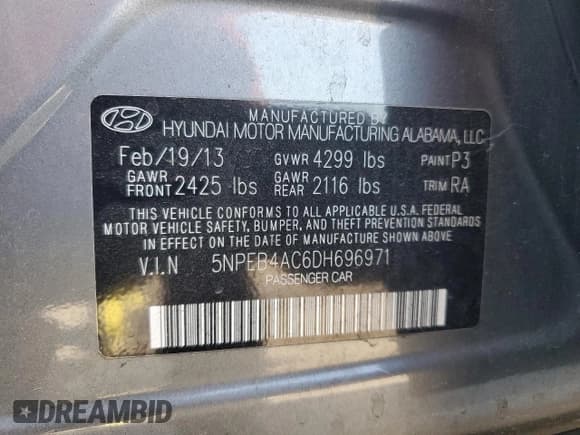 ✅ 2013 Hyundai Sonata GLS • VIN: 5NPEB4AC6DH696971 • Lot: 73719694. Listed on Copart with 125,861 mi. Free auction sales archive from the USA and detailed vehicle history report at DreamBid. Image 13.