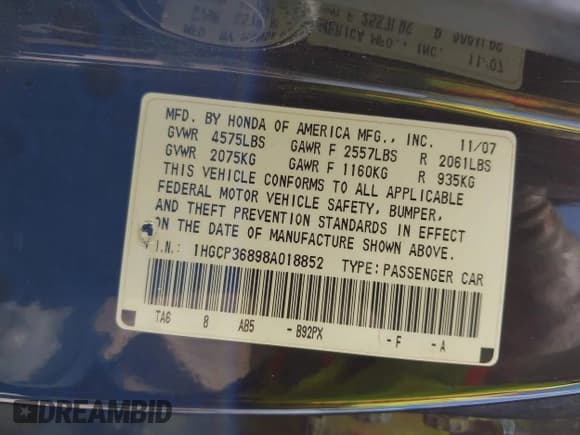 ✅ 2008 Honda Accord EX-L • VIN: 1HGCP36898A018852 • Лот: 42964631. Опубликован ранее на IAAI с пробегом 259 154 миль. Бесплатный доступ к архиву аукционных продаж из США и подробный отчёт об истории автомобиля на DreamBid. Изображение 9.