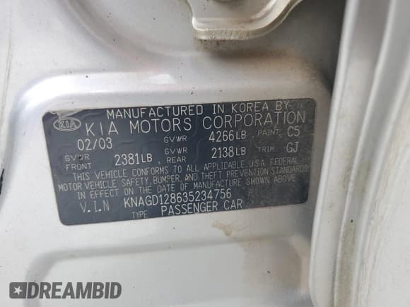 ✅ 2003 Kia Optima LX • VIN: KNAGD128635234756 • Лот: 56122915. Опубликован ранее на Copart с пробегом Не указан. Бесплатный доступ к архиву аукционных продаж из США и подробный отчёт об истории автомобиля на DreamBid. Изображение 12.