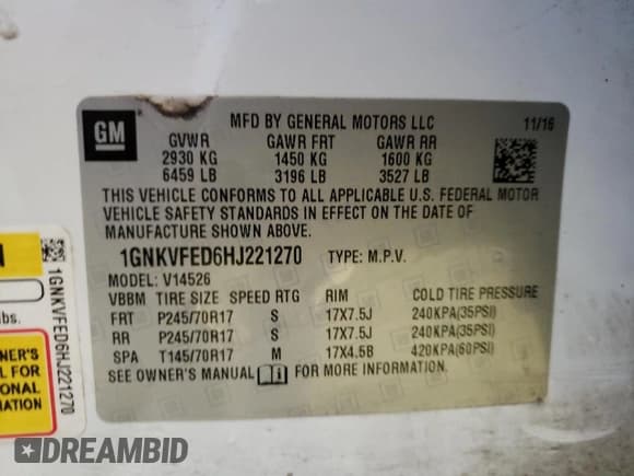 ✅ 2017 Chevrolet Traverse LS • VIN: 1GNKVFED6HJ221270 • Lot: 64547384. Wystawiony na Copart z przebiegiem Nie podano. Bezpłatny archiwum sprzedaży aukcyjnych z USA i szczegółowy raport historii pojazdu na DreamBid. Zdjęcie 13.