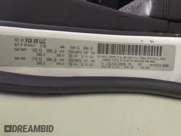 ✅ 2020 Dodge Durango Pursuit • VIN: 1C4RDJFG2LC308280 • Lot: 42455379. Listed on IAAI with 90,357 mi. Free auction sales archive from the USA and detailed vehicle history report at DreamBid. Image 9.