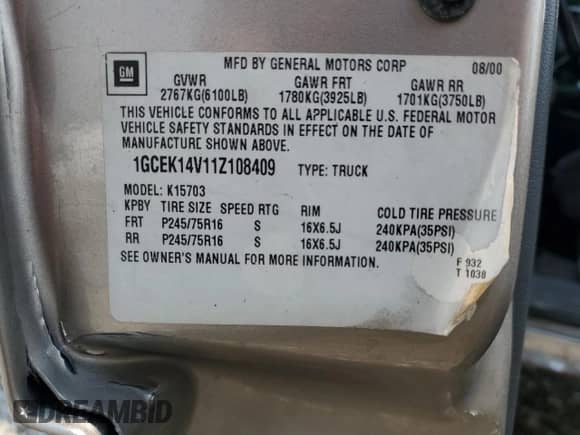 2001 Chevrolet Silverado 1500 с VIN 1GCEK14V11Z108409, выставлен на аукционе Copart как лот 66581535 с пробегом 241 647 миль миль и Списание • Salvage title. История ставок и продаж доступна на DreamBid. Изображение 13.