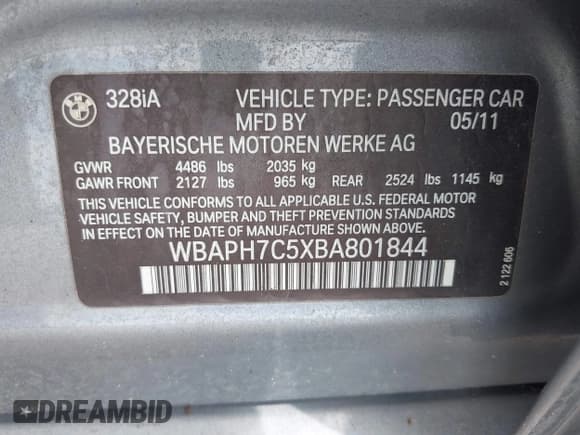 ✅ 2011 BMW 3 Series 328i • VIN: WBAPH7C5XBA801844 • Lot: 43167219. Listed on IAAI with 92,103 mi. Free auction sales archive from the USA and detailed vehicle history report at DreamBid. Image 9.