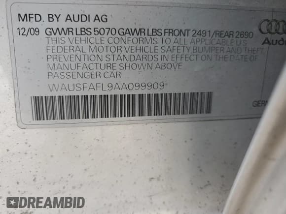 ✅ 2010 Audi A4 Premium • VIN: WAUSFAFL9AA099909 • Lot: 87367944. Listed on Copart with 168,092 mi. Free auction sales archive from the USA and detailed vehicle history report at DreamBid. Image 13.