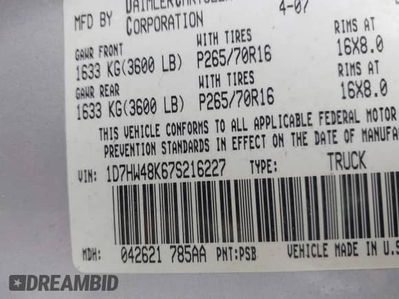 2007 Dodge Dakota SLT с VIN 1D7HW48K67S216227, выставлен на аукционе IAAI как лот 43624034 с пробегом 234 594 миль миль и . История ставок и продаж доступна на DreamBid. Изображение 9.