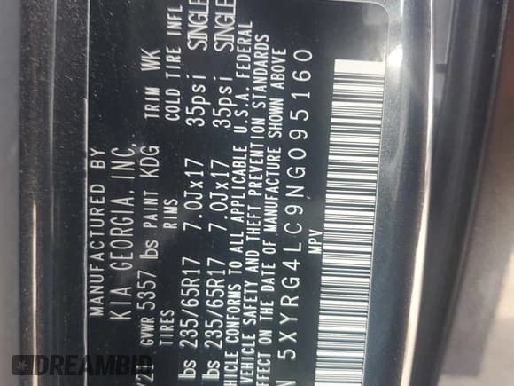 ✅ 2022 Kia Sorento LX • VIN: 5XYRG4LC9NG095160 • Лот: 80732695. Опубликован ранее на Copart с пробегом 42 946 миль. Бесплатный доступ к архиву аукционных продаж из США и подробный отчёт об истории автомобиля на DreamBid. Изображение 14.