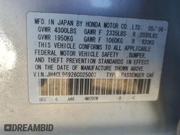 ✅ 2006 Acura TSX Navi • VIN: JH4CL96926C025003 • Lot: 94641365. Listed on Copart with 156,741 mi. Free auction sales archive from the USA and detailed vehicle history report at DreamBid. Image 12.