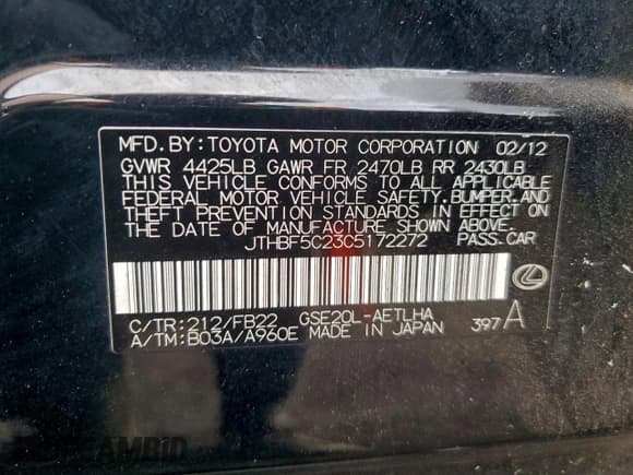 ✅ 2012 Lexus IS 250 • VIN: JTHBF5C23C5172272 • Lot: 93828855. Wystawiony na Copart z przebiegiem 201 665 mil. Bezpłatny archiwum sprzedaży aukcyjnych z USA i szczegółowy raport historii pojazdu na DreamBid. Zdjęcie 12.