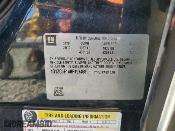 ✅ 2011 Chevrolet Malibu 1LT • VIN: 1G1ZC5E14BF197468 • Lot: 78598664. Listed on Copart with Not provided. Free auction sales archive from the USA and detailed vehicle history report at DreamBid. Image 12.