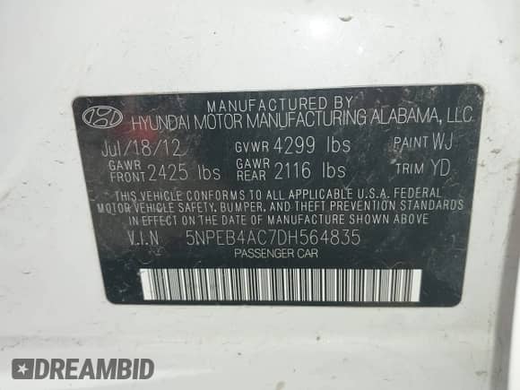 2013 Hyundai Sonata GLS z VIN 5NPEB4AC7DH564835, wystawiony jako IAAI lot #43413120 z przebiegiem 191 108 mil mil oraz . Historia ofert i sprzedaży dostępna na DreamBid. Obrazek 9.