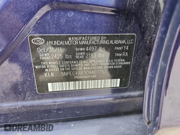 ✅ 2012 Hyundai Sonata SE • VIN: 5NPEC4AB3CH407757 • Lot: 85852955. Listed on Copart with 46,526 mi. Free auction sales archive from the USA and detailed vehicle history report at DreamBid. Image 12.
