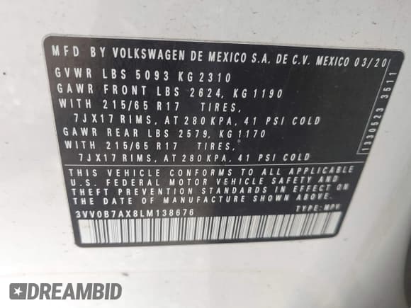 ✅ 2020 Volkswagen Tiguan S • VIN: 3VV0B7AX8LM138676 • Lot: 42863211. Wystawiony na IAAI z przebiegiem 82 320 mil. Bezpłatny archiwum sprzedaży aukcyjnych z USA i szczegółowy raport historii pojazdu na DreamBid. Zdjęcie 9.