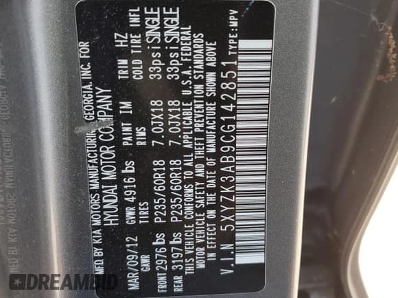 ✅ 2012 Hyundai Santa Fe Limited • VIN: 5XYZK3AB9CG142851 • Lot: 92812755. Listed on Copart with 224,572 mi. Free auction sales archive from the USA and detailed vehicle history report at DreamBid. Image 12.