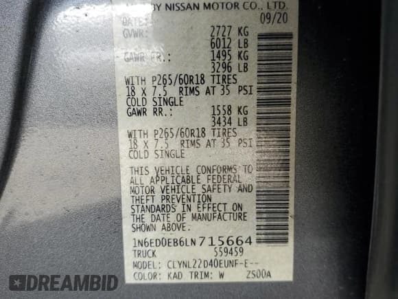 ✅ 2020 Nissan Frontier Pro-4X • VIN: 1N6ED0EB6LN715664 • Lot: 57918995. Listed on Copart with 34,345 mi. Free auction sales archive from the USA and detailed vehicle history report at DreamBid. Image 12.