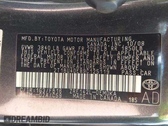 ✅ 2009 Toyota Corolla • VIN: 2T1BU40E89C125119 • Лот: 43078964. Опубликован ранее на IAAI с пробегом 157 479 миль. Бесплатный доступ к архиву аукционных продаж из США и подробный отчёт об истории автомобиля на DreamBid. Изображение 9.