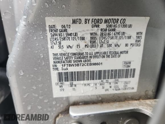 ✅ 2012 Ford F-350 Lariat • VIN: 1FT8W3BT2CEB98601 • Лот: 70059935. Опубликован ранее на Copart с пробегом 156 564 миль. Бесплатный доступ к архиву аукционных продаж из США и подробный отчёт об истории автомобиля на DreamBid. Изображение 12.