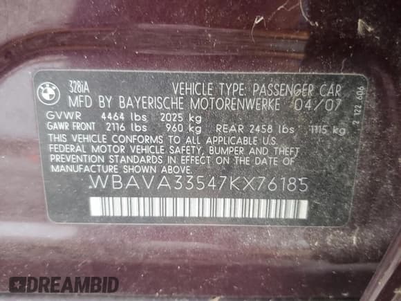 ✅ 2007 BMW 3 Series 328i • VIN: WBAVA33547KX76185 • Lot: 57923175. Listed on Copart with 177,710 mi. Free auction sales archive from the USA and detailed vehicle history report at DreamBid. Image 12.