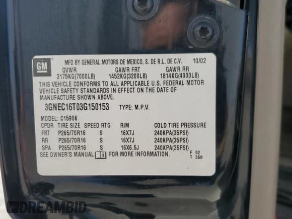 ✅ 2003 Chevrolet Suburban LS • VIN: 3GNEC16T03G150153 • Лот: 46333895. Опубликован ранее на Copart с пробегом 189 664 миль. Бесплатный доступ к архиву аукционных продаж из США и подробный отчёт об истории автомобиля на DreamBid. Изображение 13.